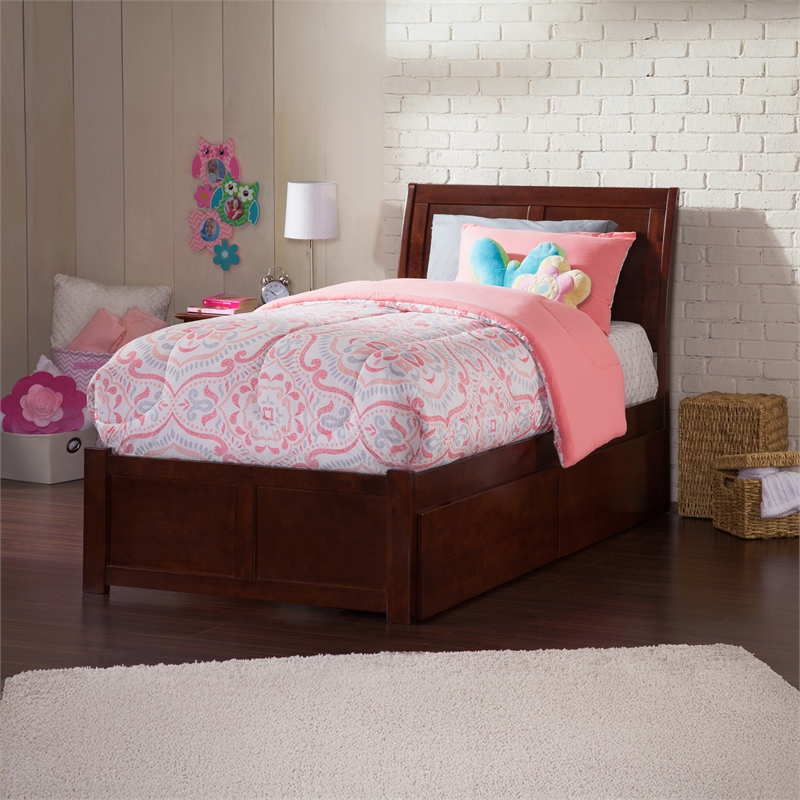 Portland Twin XL Wood Platform Bed with Footboard & Storage Drawers in Walnut