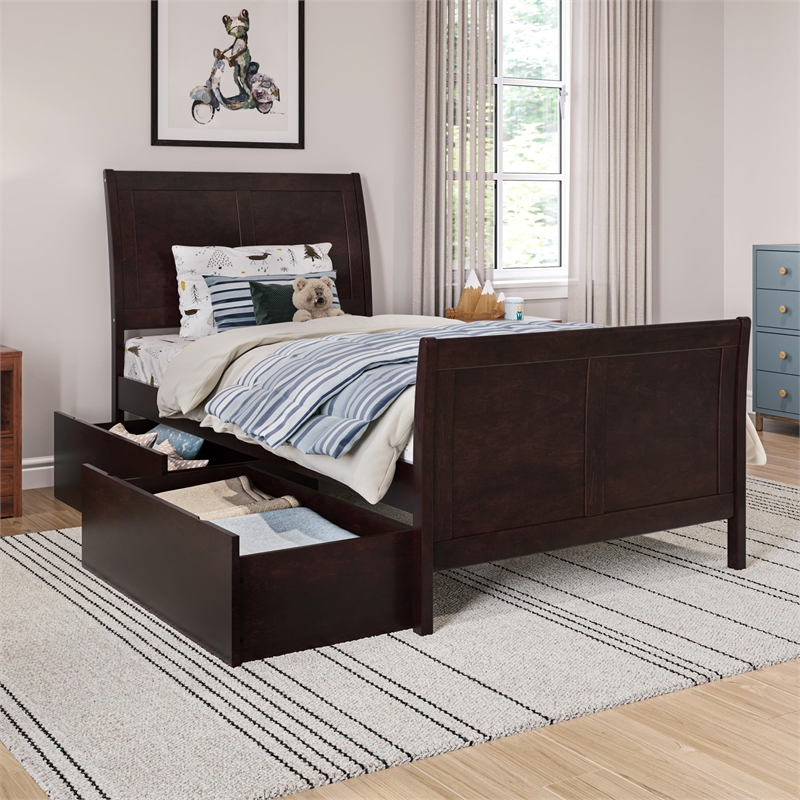 Portland Twin XL Storage Wood Platform Bed with Matching Footboard in Espresso