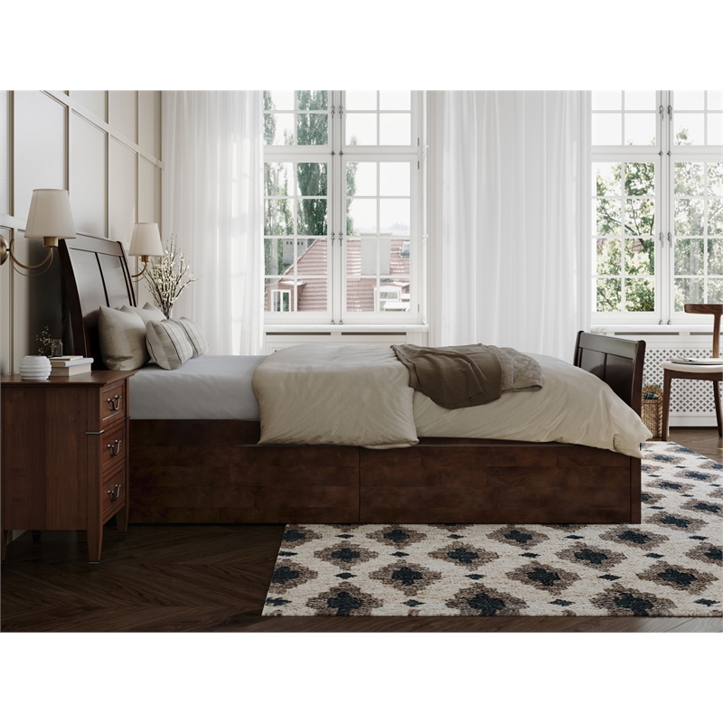 Portland Twin XL Storage Wood Platform Bed with Matching Footboard in Walnut