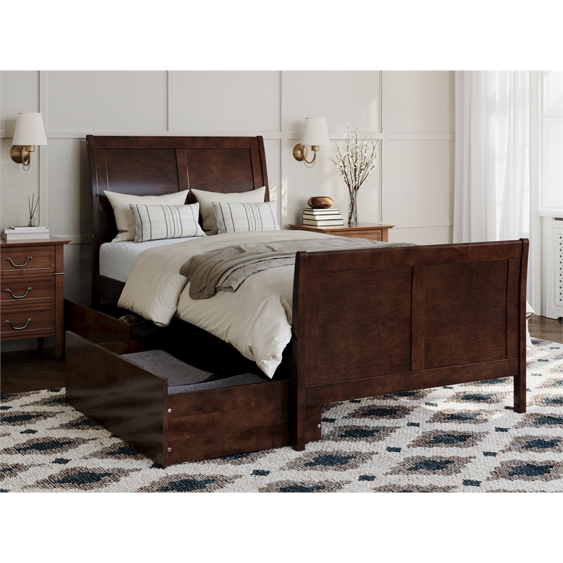 Portland Twin XL Storage Wood Platform Bed with Matching Footboard in Walnut