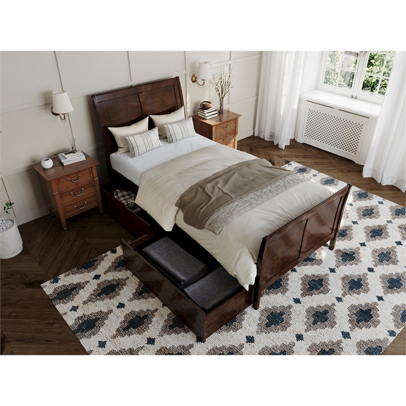 Portland Twin XL Storage Wood Platform Bed with Matching Footboard in Walnut