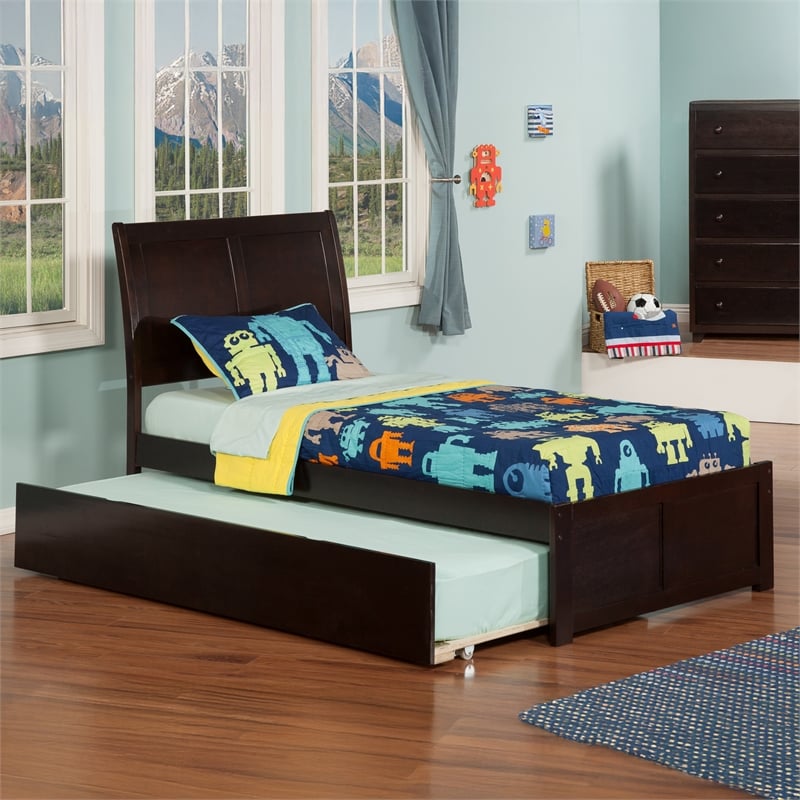 Portland Twin Wood Platform Bed with Footboard and Twin Trundle in Espresso