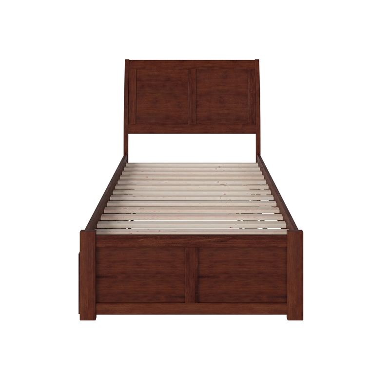 Portland Twin Wood Platform Bed with Footboard and Twin Trundle in Walnut