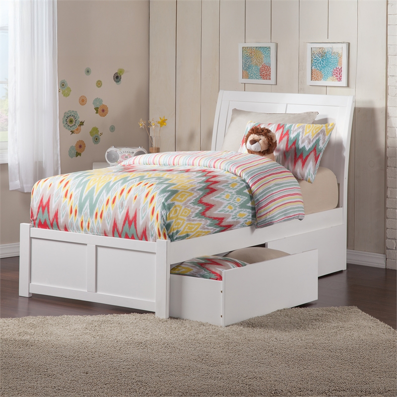 Portland Twin Wood Platform Bed with Footboard and Storage Drawers in White
