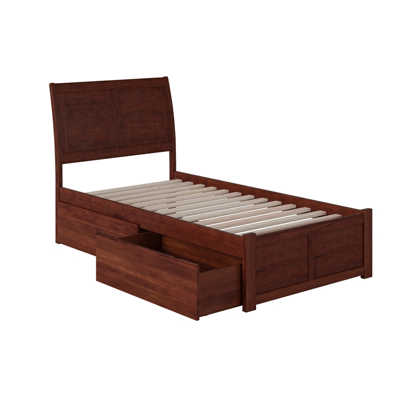 Portland Twin Wood Platform Bed with Footboard and Storage Drawers in Walnut
