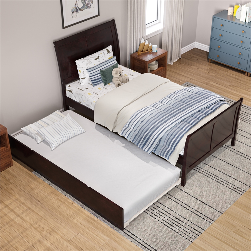 Portland Twin Wood Platform Bed with Matching Footboard & Trundle in Espresso