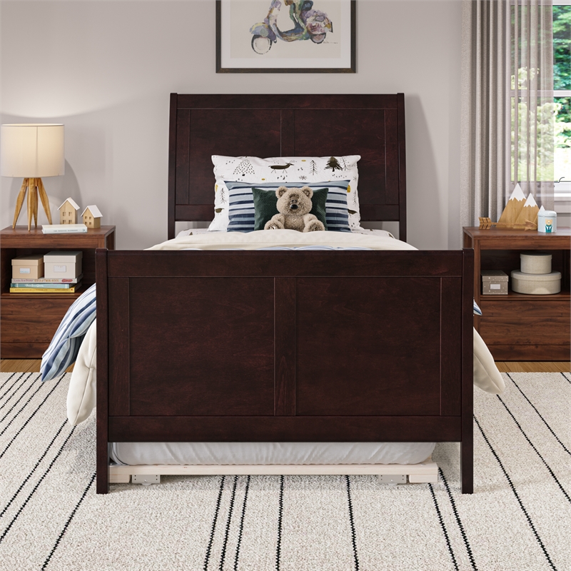 Portland Twin Wood Platform Bed with Matching Footboard & Trundle in Espresso