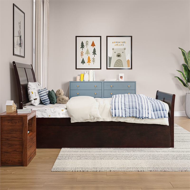 Portland Twin Wood Platform Bed with Matching Footboard & Trundle in Espresso