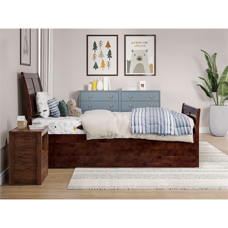 Portland Twin Wood Platform Bed with Matching Footboard & Twin Trundle in Walnut