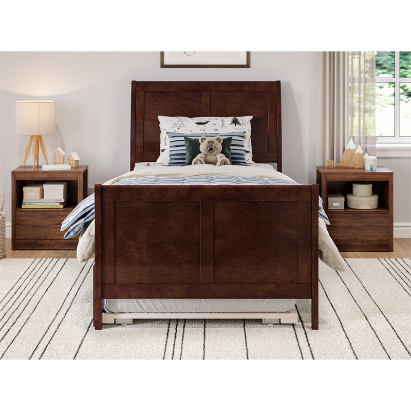 Portland Twin Wood Platform Bed with Matching Footboard & Twin Trundle in Walnut