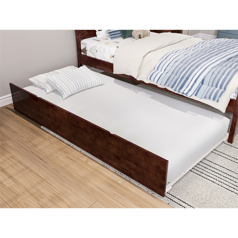 Portland Twin Wood Platform Bed with Matching Footboard & Twin Trundle in Walnut