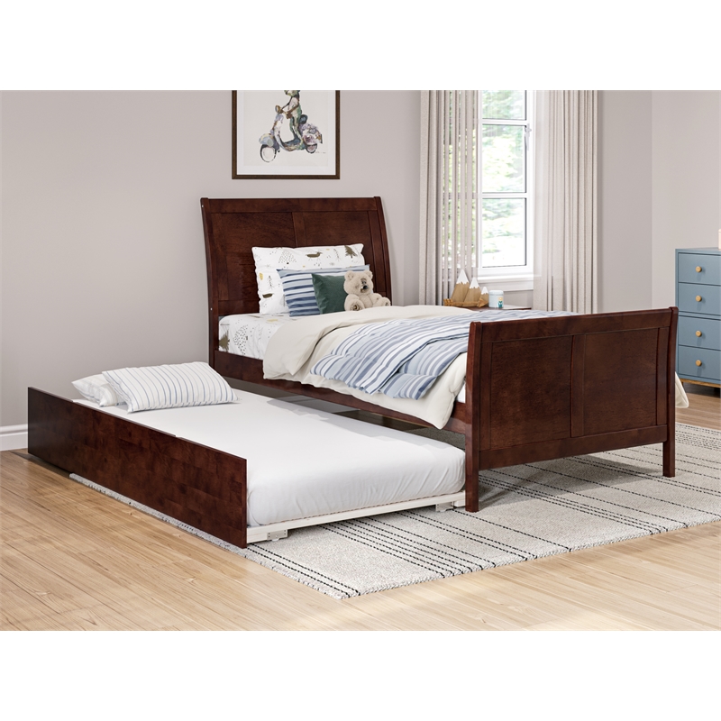 Portland Twin Wood Platform Bed with Matching Footboard & Twin Trundle in Walnut
