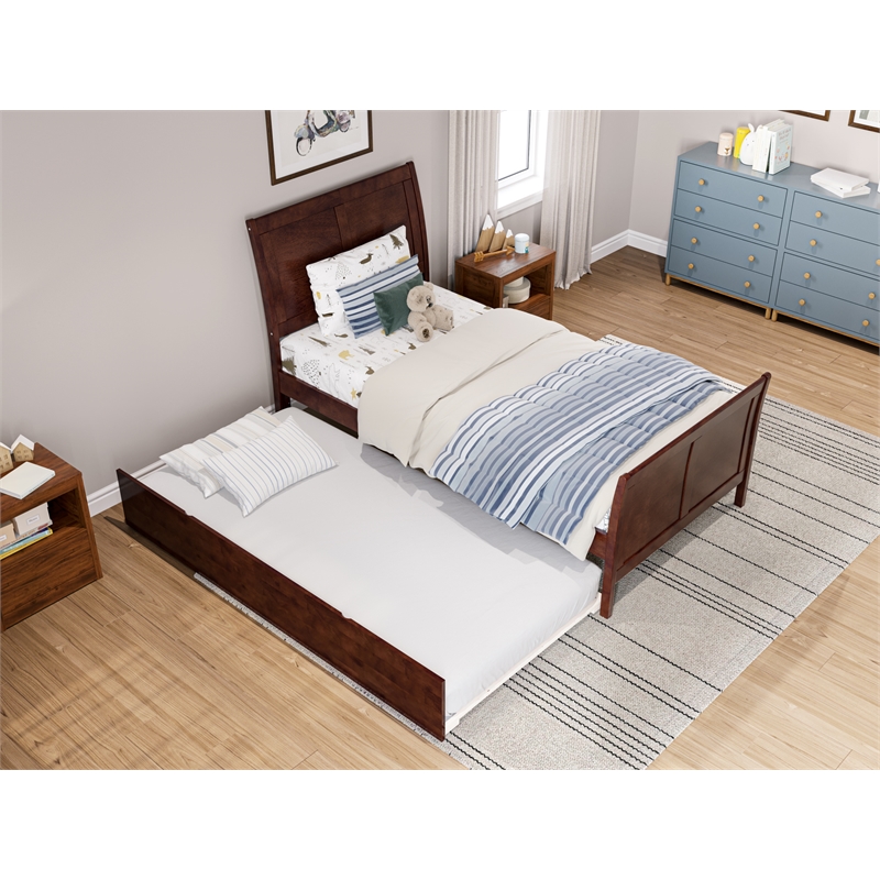 Portland Twin Wood Platform Bed with Matching Footboard & Twin Trundle in Walnut