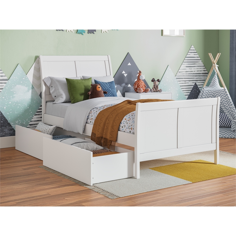 Portland Solid Wood Twin Storage Platform Bed with Matching Footboard in White