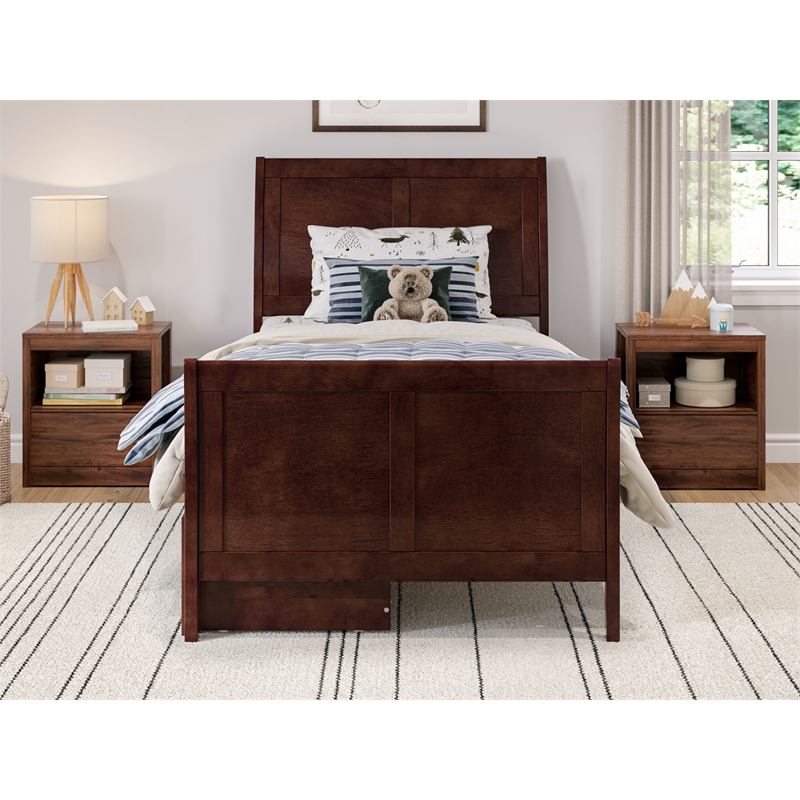 Portland Twin Storage Wood Platform Bed with Matching Footboard in Walnut