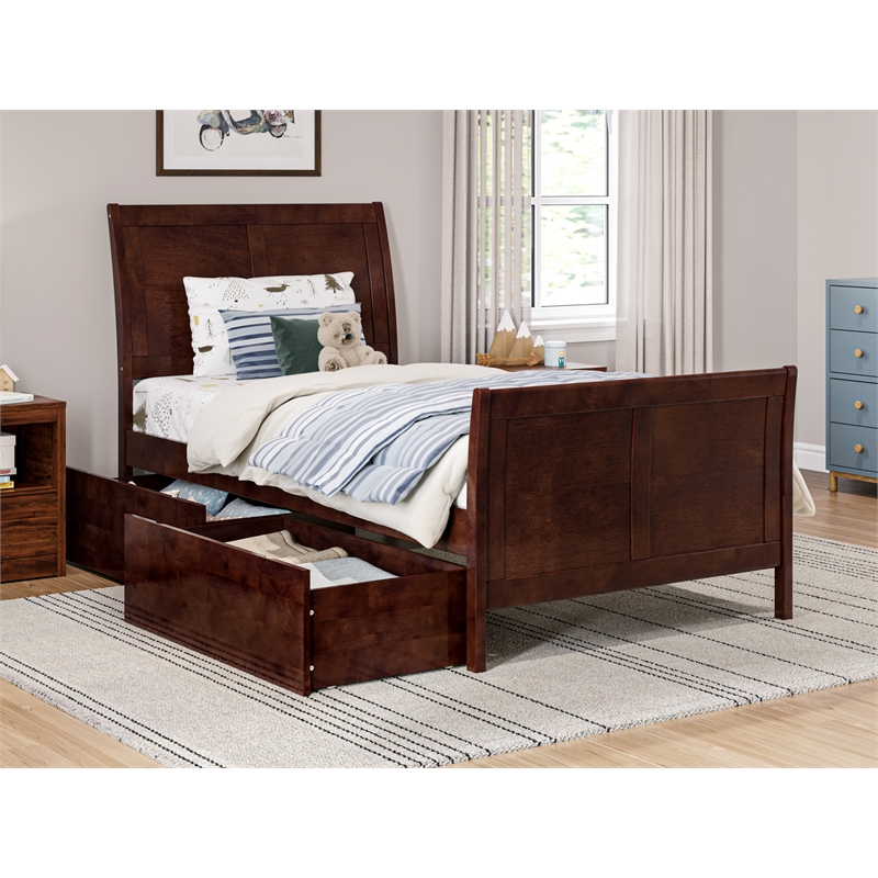 Portland Twin Storage Wood Platform Bed with Matching Footboard in Walnut
