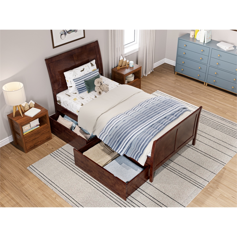 Portland Twin Storage Wood Platform Bed with Matching Footboard in Walnut