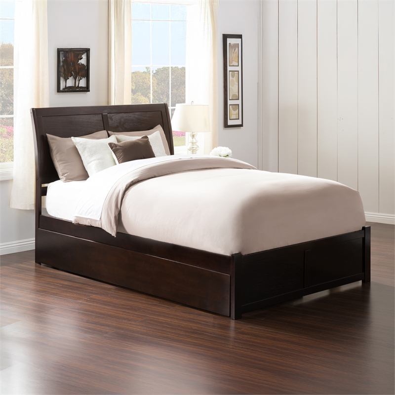 Portland Full Wood Platform Bed with Footboard and Twin Trundle in Espresso