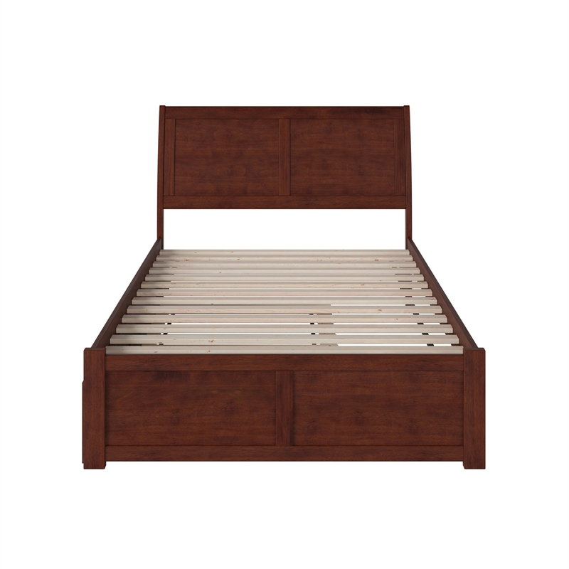 Portland Full Wood Platform Bed with Footboard and Twin Trundle in Walnut