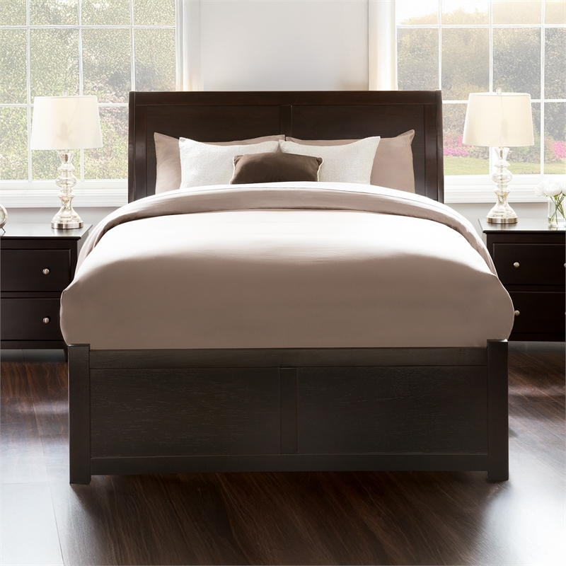 Portland Full Wood Platform Bed with Footboard and Storage Drawers in Espresso