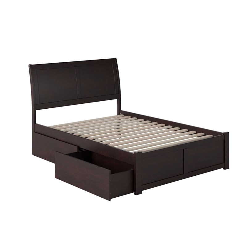Portland Full Wood Platform Bed with Footboard and Storage Drawers in Espresso