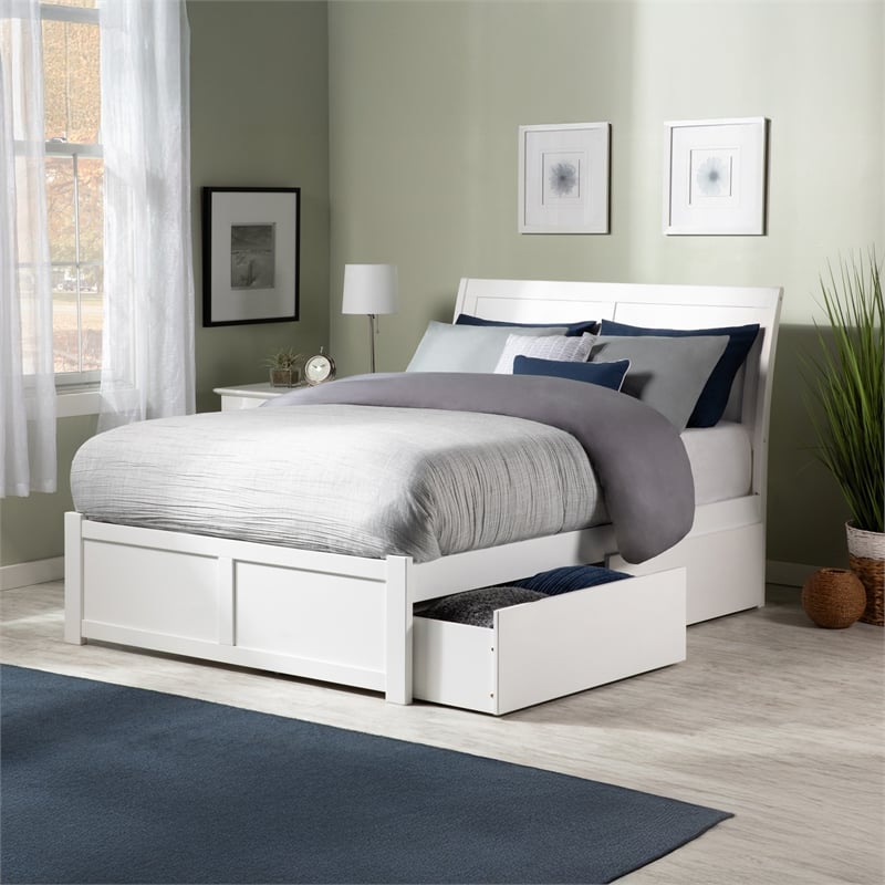 Portland Full Wood Platform Bed with Footboard and Storage Drawers in White