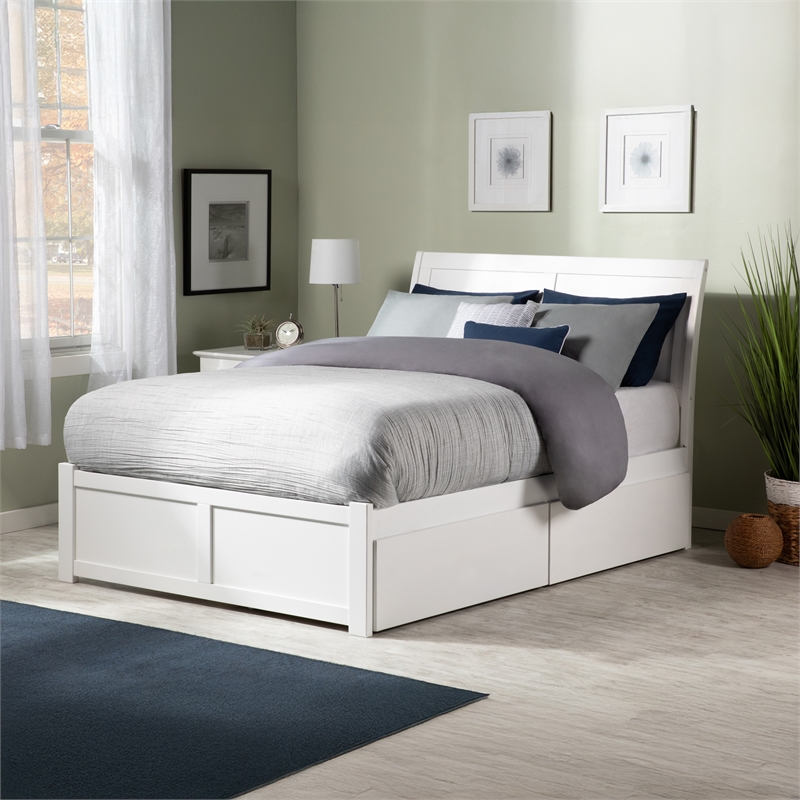 Portland Full Wood Platform Bed with Footboard and Storage Drawers in White
