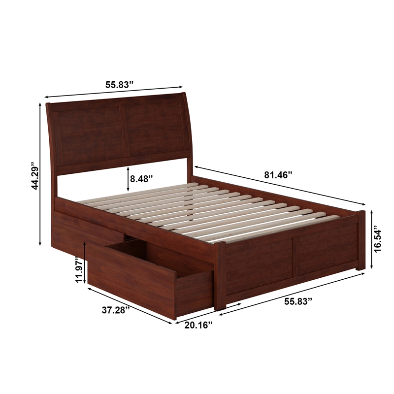 Portland Full Wood Platform Bed with Footboard and Storage Drawers in Walnut