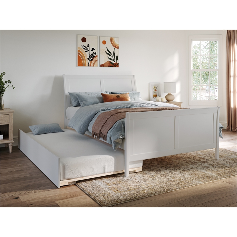Portland Full Wood Platform Bed with Matching Footboard & Twin Trundle in White