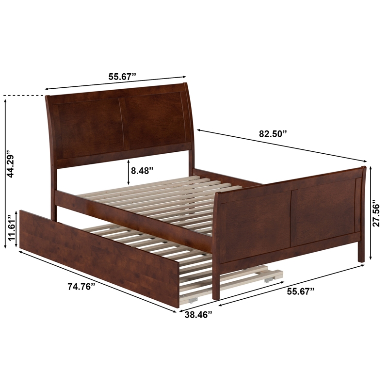 Portland Full Wood Platform Bed with Matching Footboard & Twin Trundle in Walnut