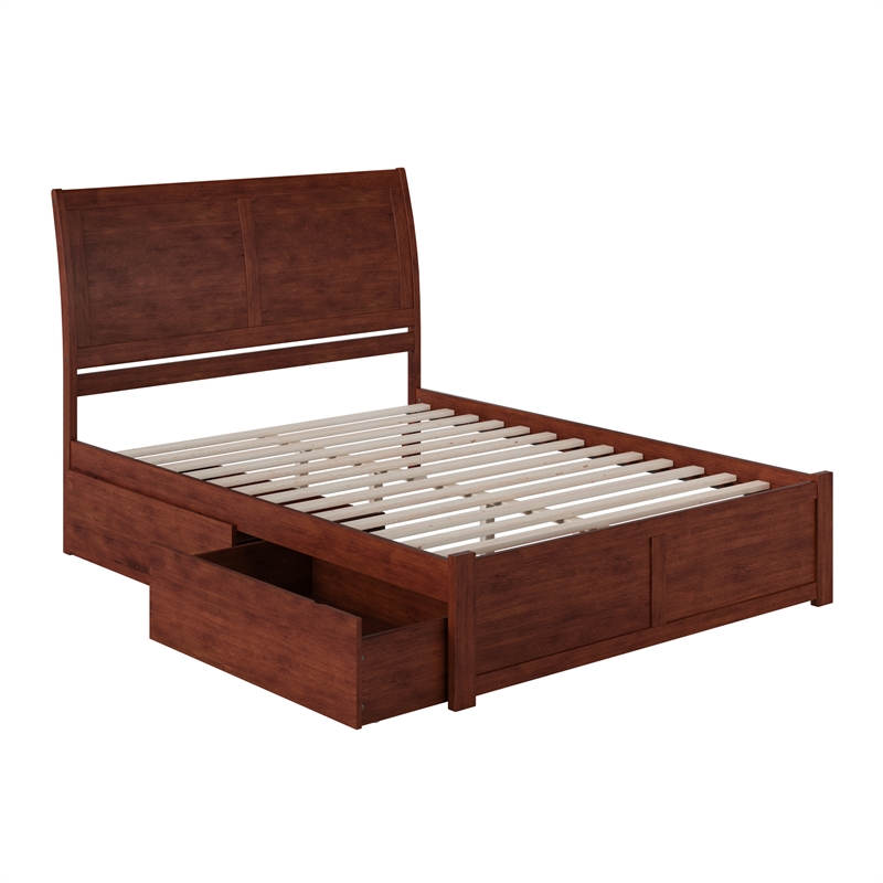 Portland Queen Wood Platform Bed with Footboard & 2 Storage Drawers in Walnut