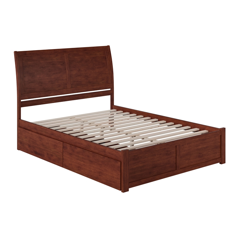 Portland Queen Wood Platform Bed with Footboard & 2 Storage Drawers in Walnut