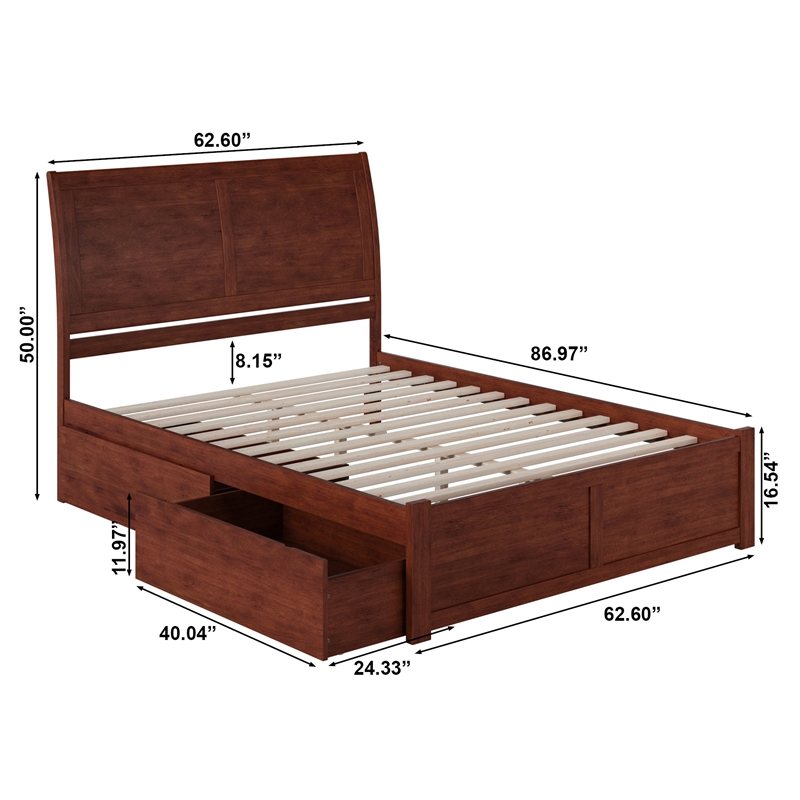 Portland Queen Wood Platform Bed with Footboard & 2 Storage Drawers in Walnut