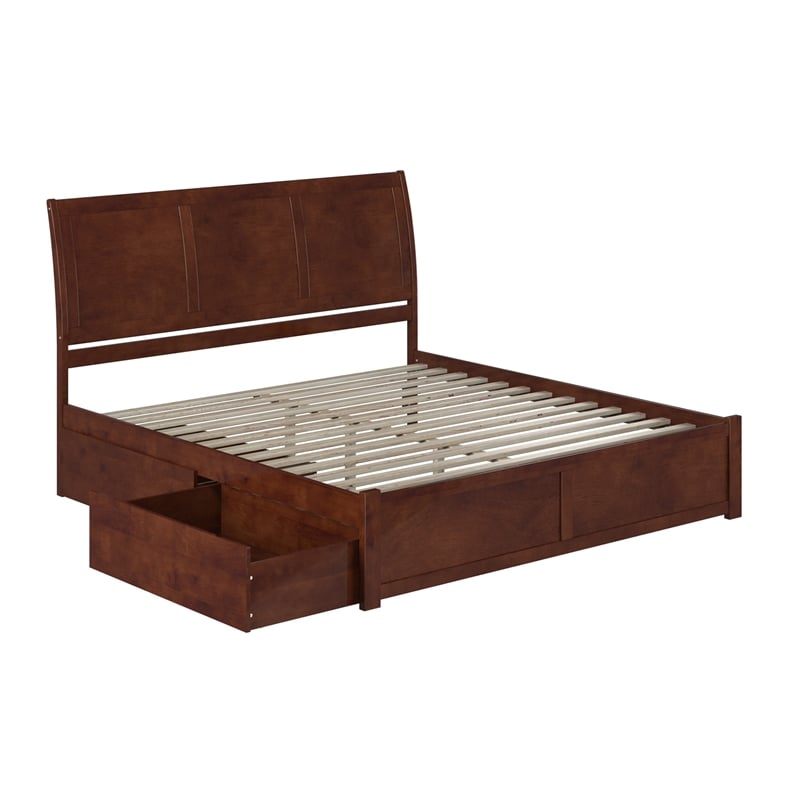 Portland Wood King Platform Bed with Footboard and Storage Drawers in Walnut