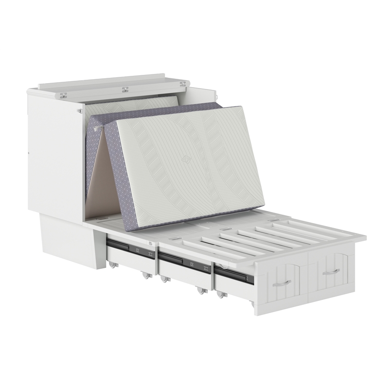 Nantucket Twin Wood Murphy Bed Chest with Mattress and Built-in Charger in White