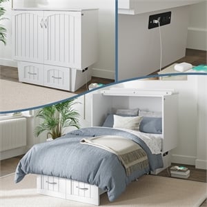 Nantucket Twin Wood Murphy Bed Chest with Mattress and Built-in Charger in White