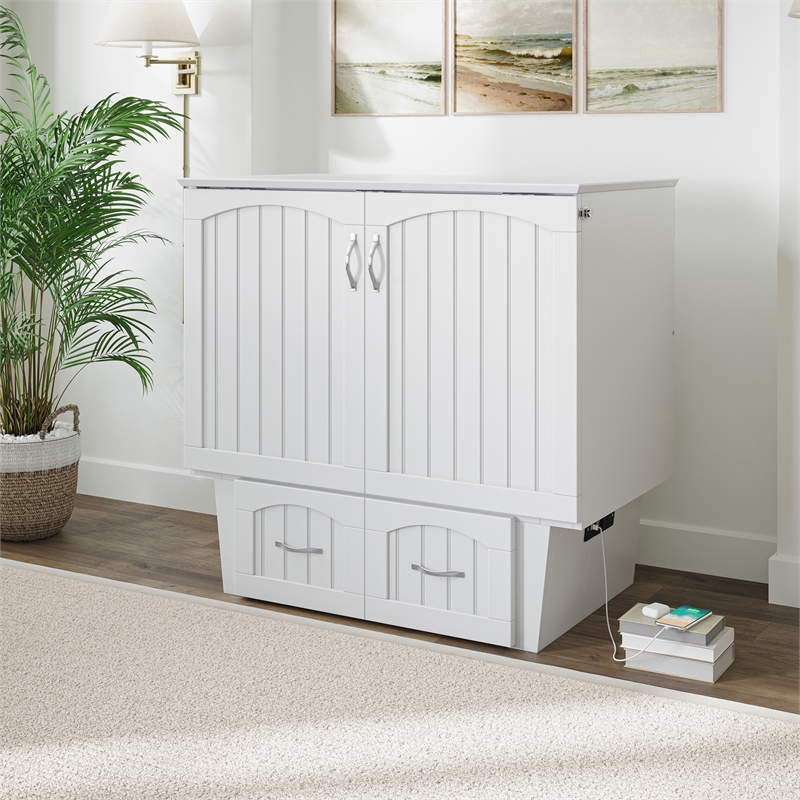 Nantucket Twin Wood Murphy Bed Chest with Mattress and Built-in Charger in White
