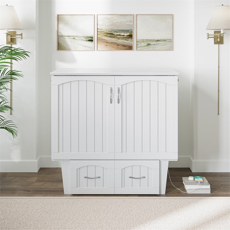 Nantucket Twin Wood Murphy Bed Chest with Mattress and Built-in Charger in White