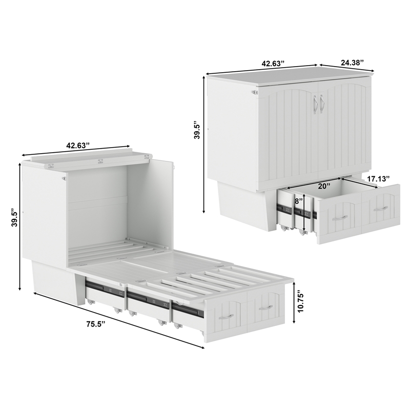 Nantucket Twin Wood Murphy Bed Chest with Mattress and Built-in Charger in White