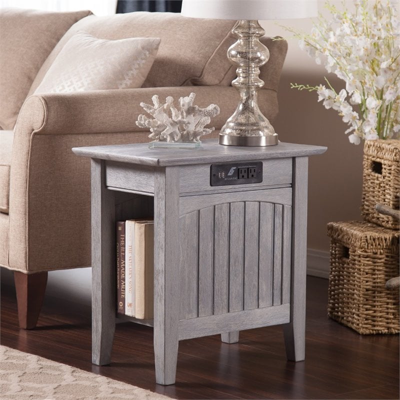 Atlantic Furniture Nantucket Side Table with Charger in Driftwood Gray