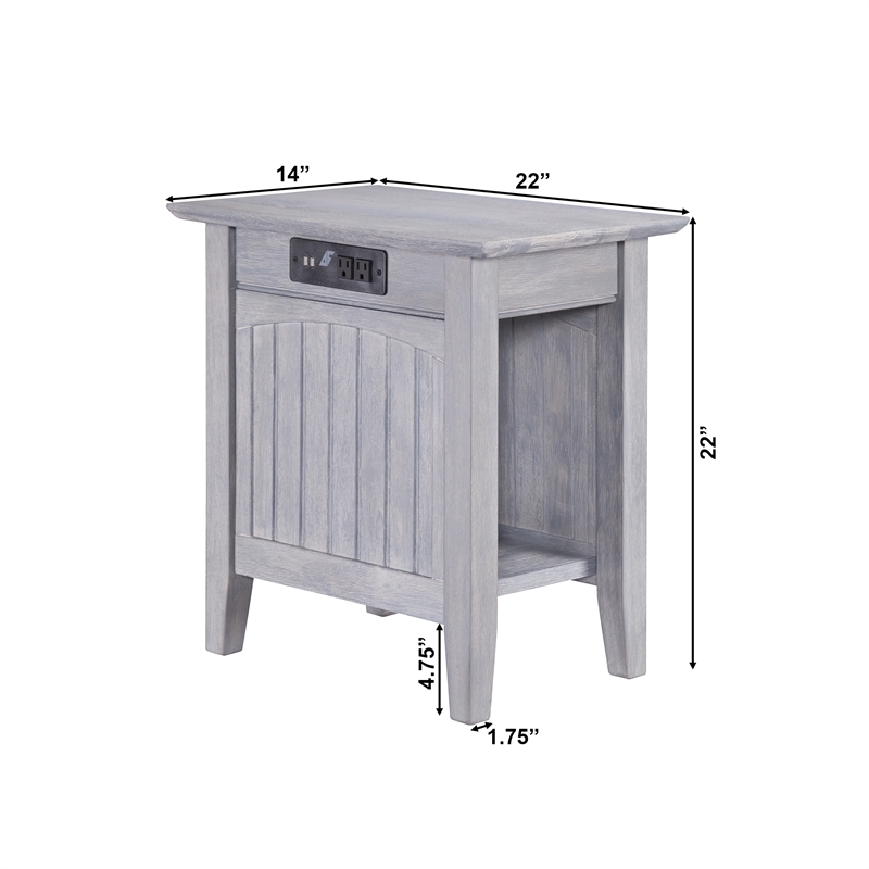 AFI Nantucket Solid Wood Side Table with Device Charger in Driftwood
