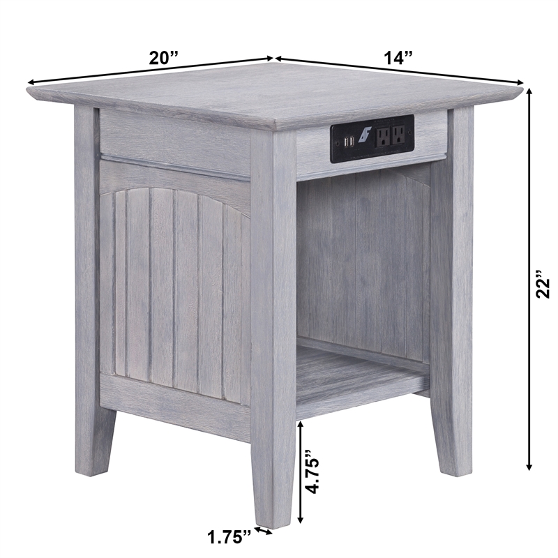 AFI Nantucket Solid Wood End Table with Charger in Driftwood
