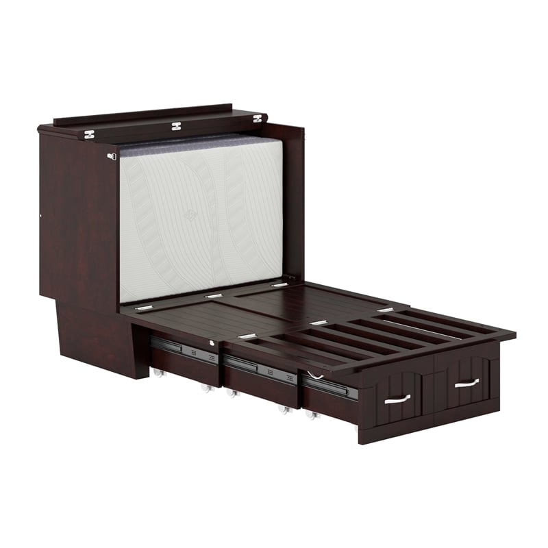 Nantucket Twin Wood Murphy Bed Chest w Mattress and Built-in Charger in Espresso