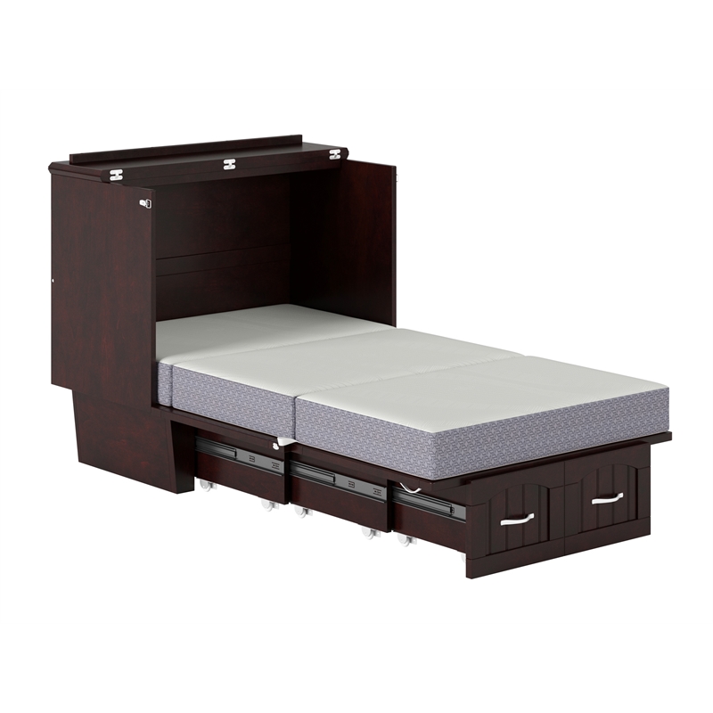 Nantucket Twin Wood Murphy Bed Chest w Mattress and Built-in Charger in Espresso