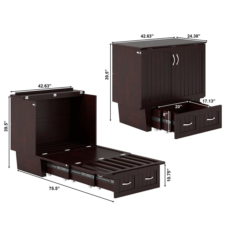 Nantucket Twin Wood Murphy Bed Chest w Mattress and Built-in Charger in Espresso