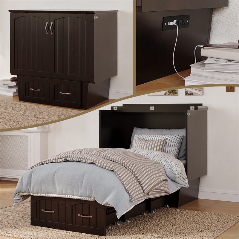 Nantucket Twin Wood Murphy Bed Chest w Mattress and Built-in Charger in Espresso