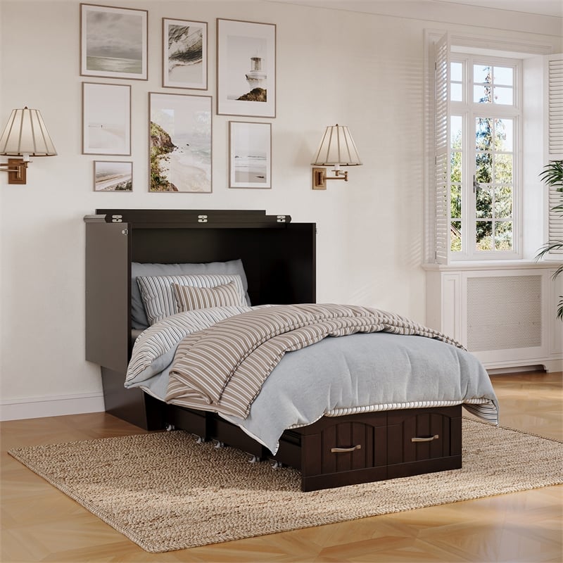 Nantucket Twin Wood Murphy Bed Chest w Mattress and Built-in Charger in Espresso