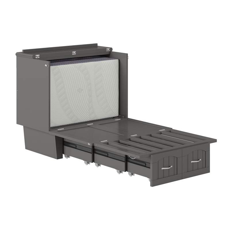 Nantucket Twin Wood Murphy Bed Chest with Mattress and Built-in Charger in Gray