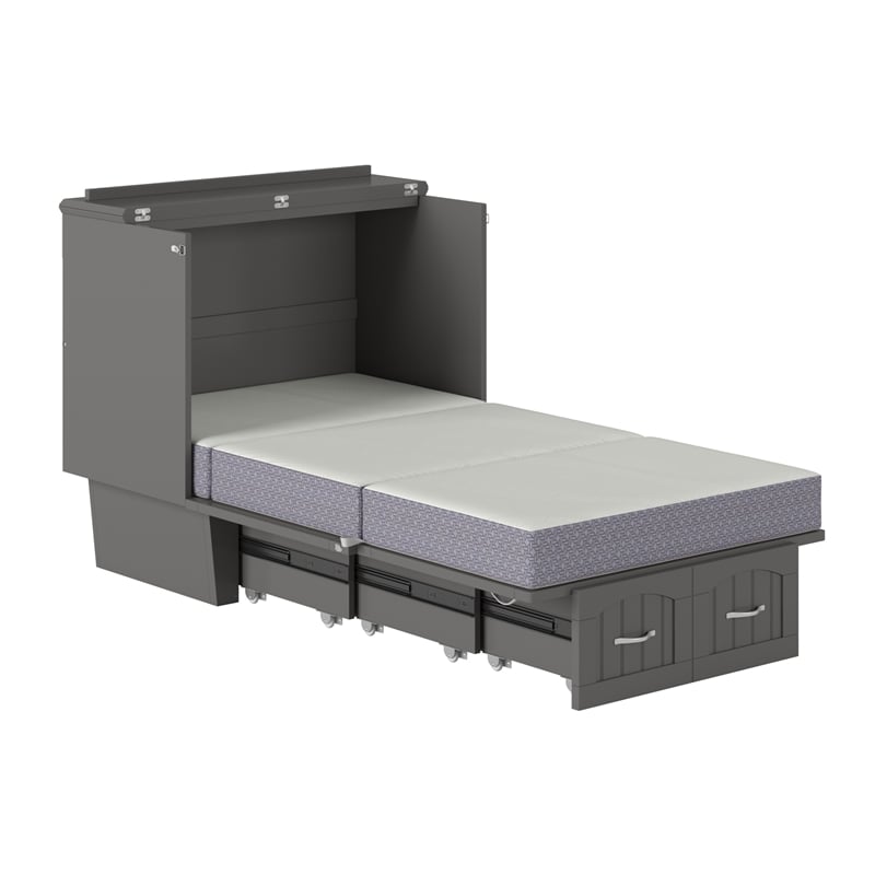 Nantucket Twin Wood Murphy Bed Chest with Mattress and Built-in Charger in Gray