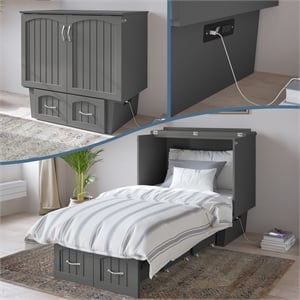 Nantucket Twin Wood Murphy Bed Chest with Mattress and Built-in Charger in Gray